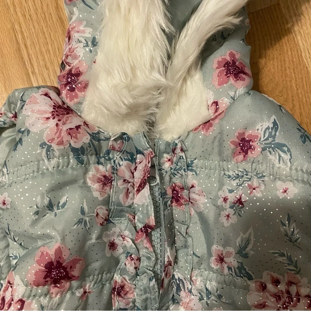 Little Lass Puffer Vest Hooded 4T Blue Floral Fur Lined Kids Girls Pink Ruffle